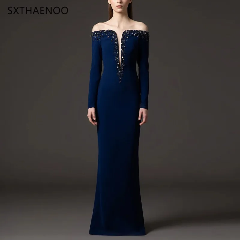 

SXTHAENOO Solid Slimming Spliced Bead Luxury Elegant Dresses Women Slash Neck Long Sleeves Temperament Party Evening DressFemale