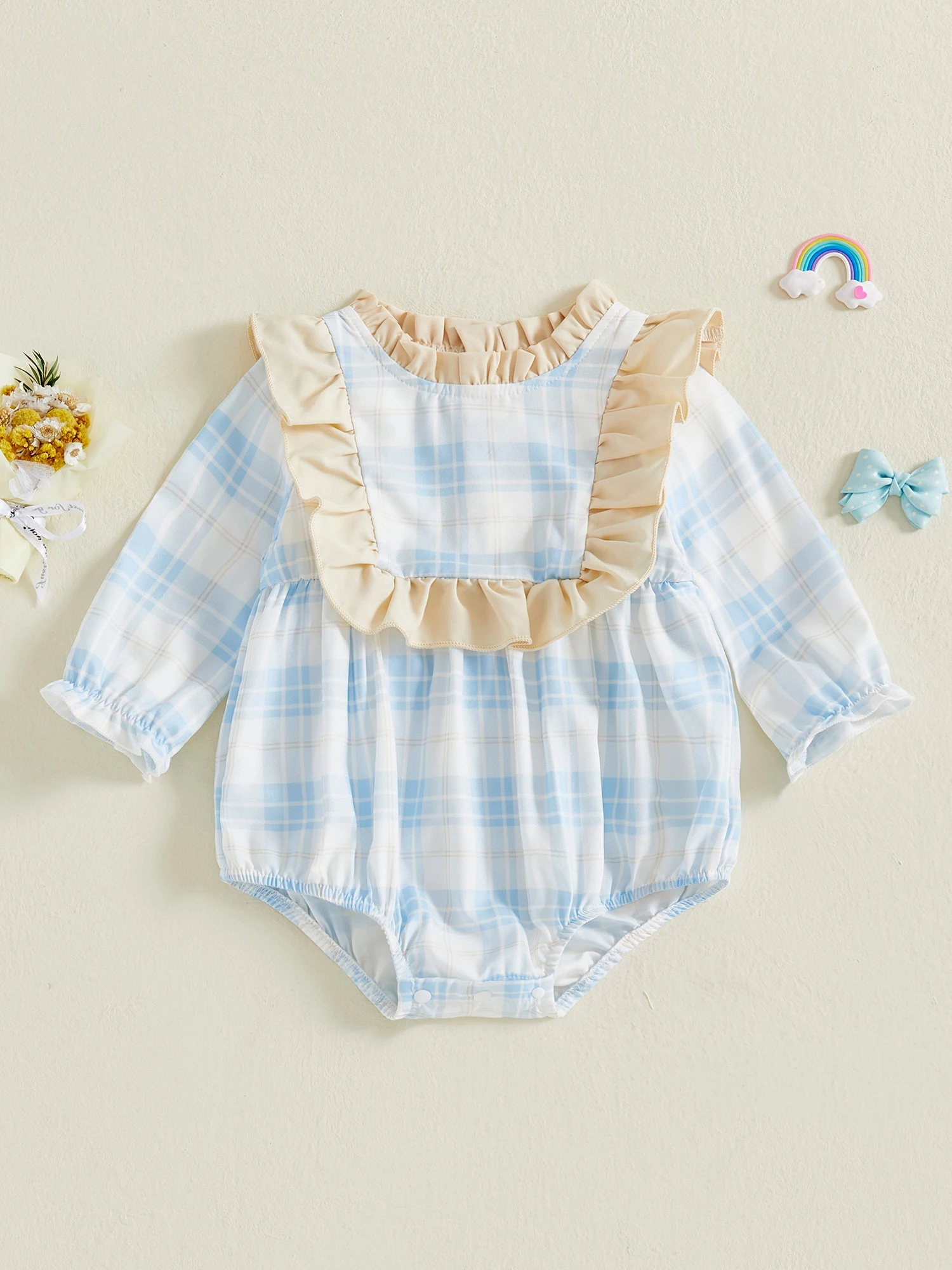 Adorabili pagliaccetti per neonata con maniche a lanterna, girocollo pieghettato e simpatica stampa scozzese - Tuta elegante per neonati