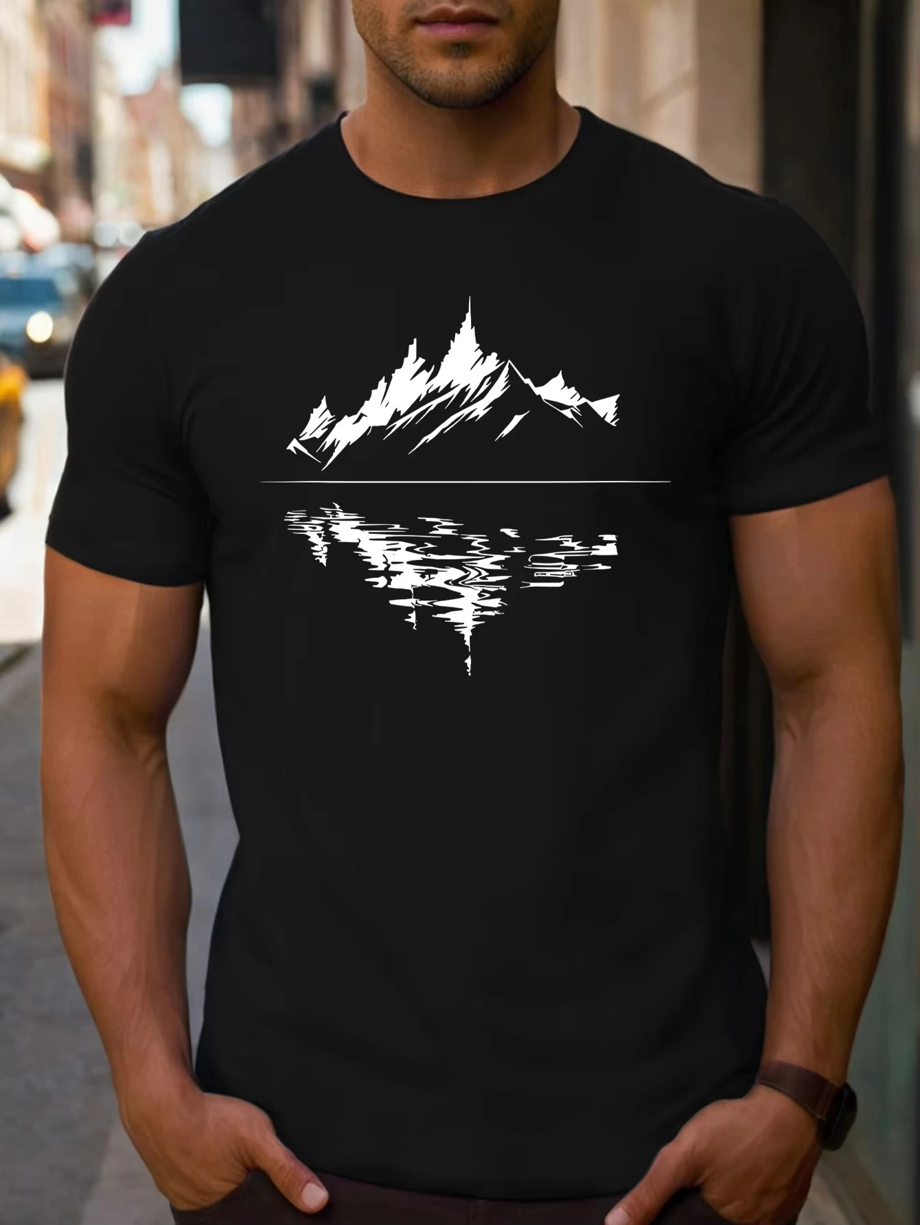 2025-verao-masculino-puro-algodao-moda-casual-solto-ajuste-mais-reflexao-de-montanha-impresso-em-torno-do-pescoco-manga-curta-camiseta-topo