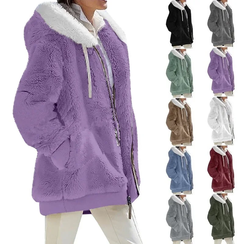 New in Thicken Winter Warm Plush Zipper Pocket Hooded Loose Jacket Women Hoodie Oversize Coats Faux Fur Sweatshirt Windbreaker