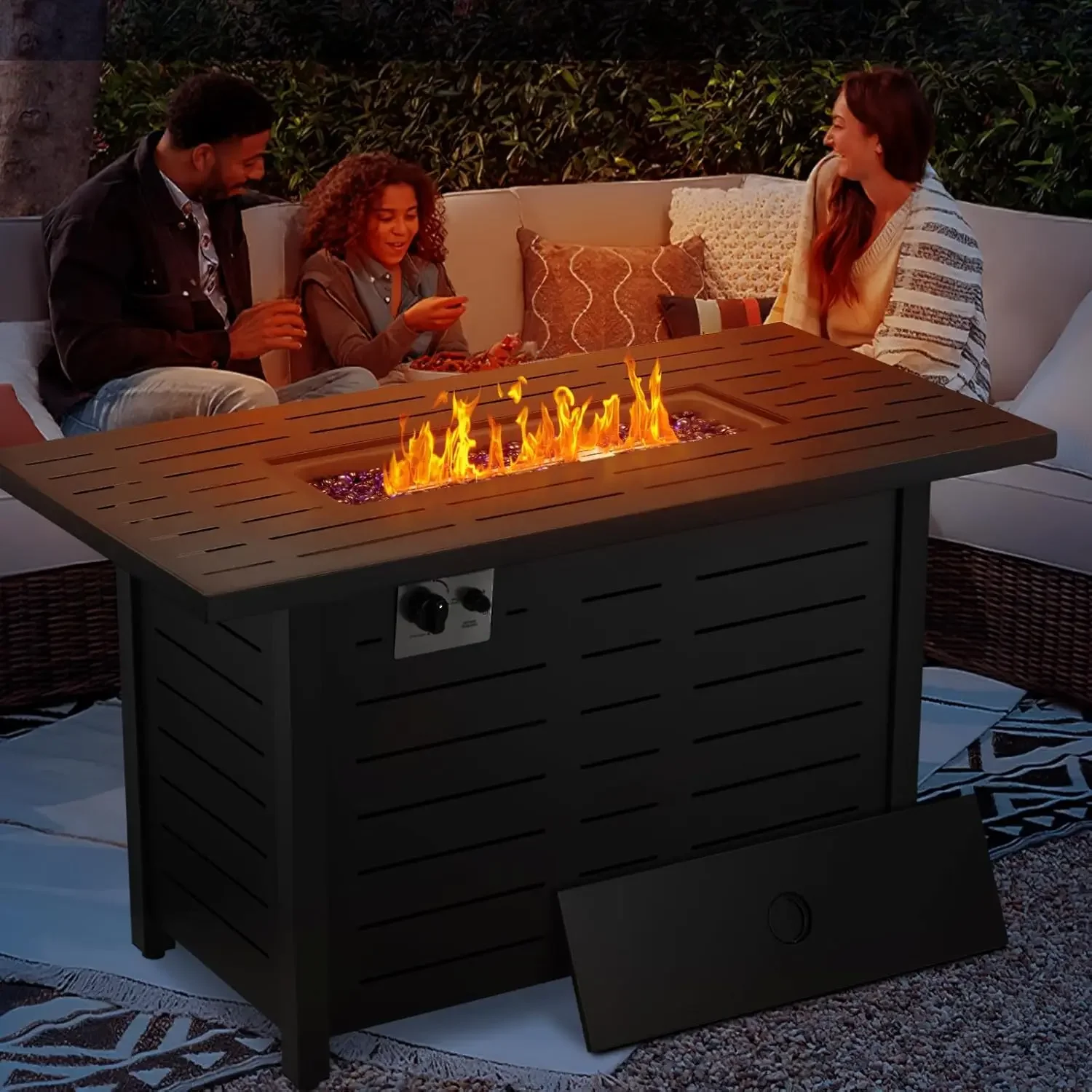 Fire Pit Propane Gas FirePit Table 43" Outdoor Fire Pit Rectangular Tabletop with Lid, Rain Cover, for Outside Garden Backyard