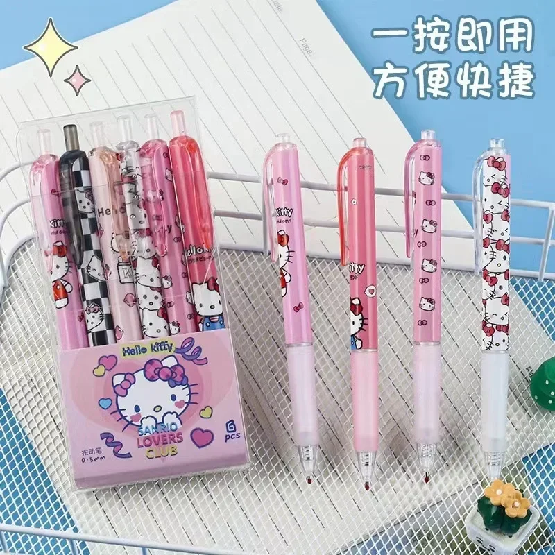 HelloedKittens Cartoon Gel Pen, Kuromi, Papelaria Estudante Kawaii, Writing Pen, Black Test Pen, Núcleo de Substituição, 0,5, 6Pcs