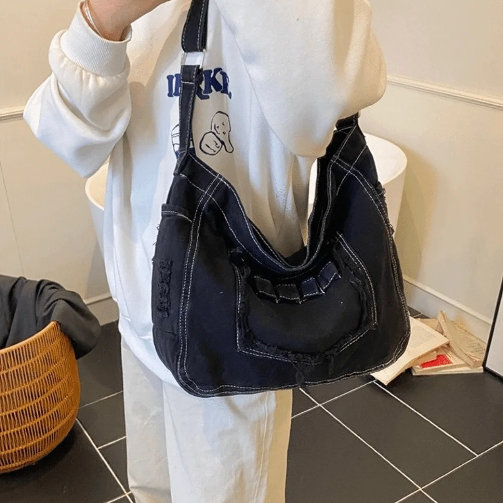 

Trendy Vintage Denim Shoulder Bag Versatile Multi-pockets Cross Body Bag Commuting Large Capacity Satchel Bags Female