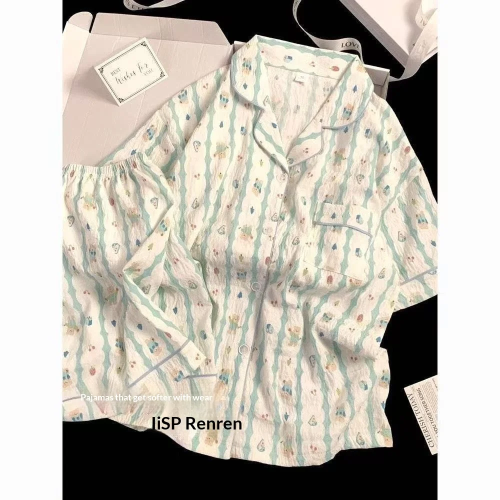 Summer New Women's Short Sleeved Home Clothes Set Cartoon Breathable Collar Short Sleeved Shorts Comfortable Thin Pajama Set - view 4