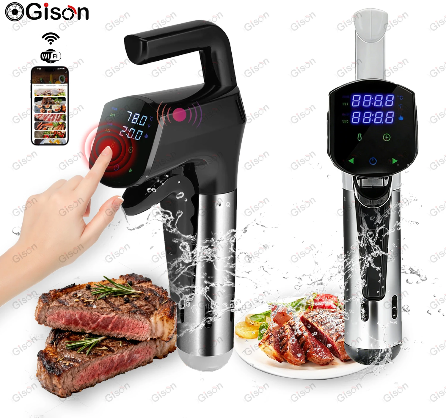

Погружной циркулятор Gison 1800W Sous Vide с ЖК-дисплеем, сенсорным управлением, Wi-Fi, водонепроницаемостью IPX7 и цифровым дисплеем