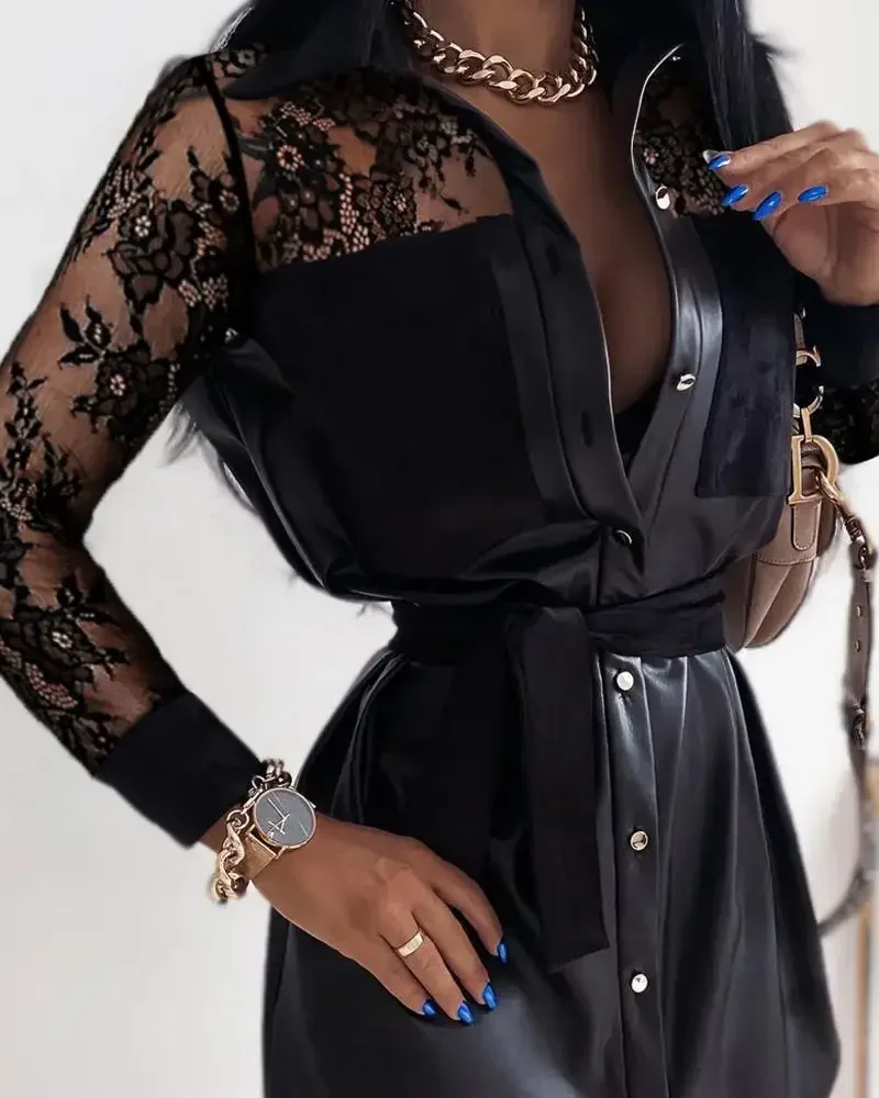 PU Leather Contrast Lace Button Down Shirt Dress Women High Waist Long Sleeve Sexy Mini Dress Black