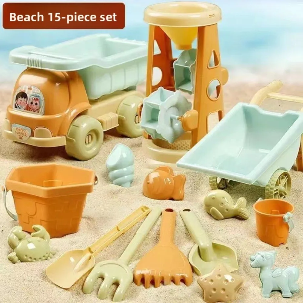 Kids Sand Play Bucket Set with Digging Tools Cars and Hourglass for Beach or Garden Outdoor Fun Activity Toy for Toddlers