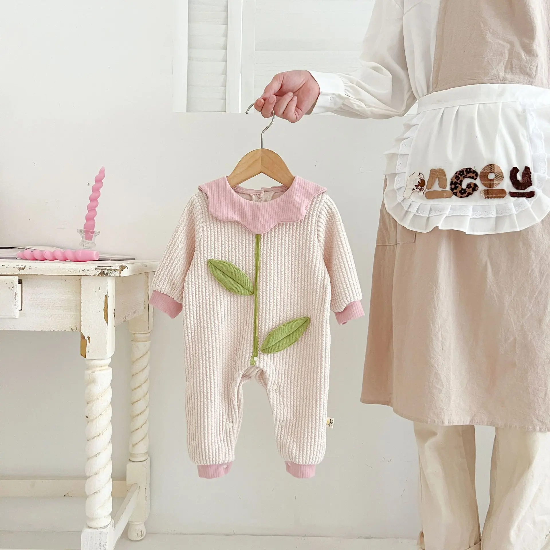 Autumn Ins Korean Baby Girls Bodysuit Cotton Patched Contrast Hem Long Sleeve Infant Girls Rompers Toddler Girls Outfits