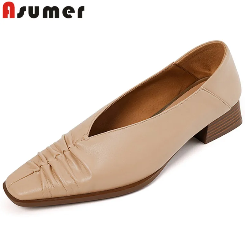 

ASUMER 2024 New Top Sale Loafers Sheepskin Shoes Woman Ladies Thick Med Heels Dress Pumps Slip On Pleated Shoes