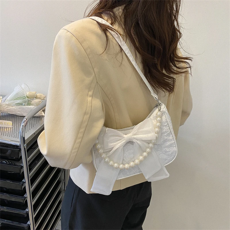 Canvas Underarm Bag 2023 New Women\'s Sweet Bow Beaded Pleated Design Zipper Shoulder Bag Fashion Casual Party Handbag Trend