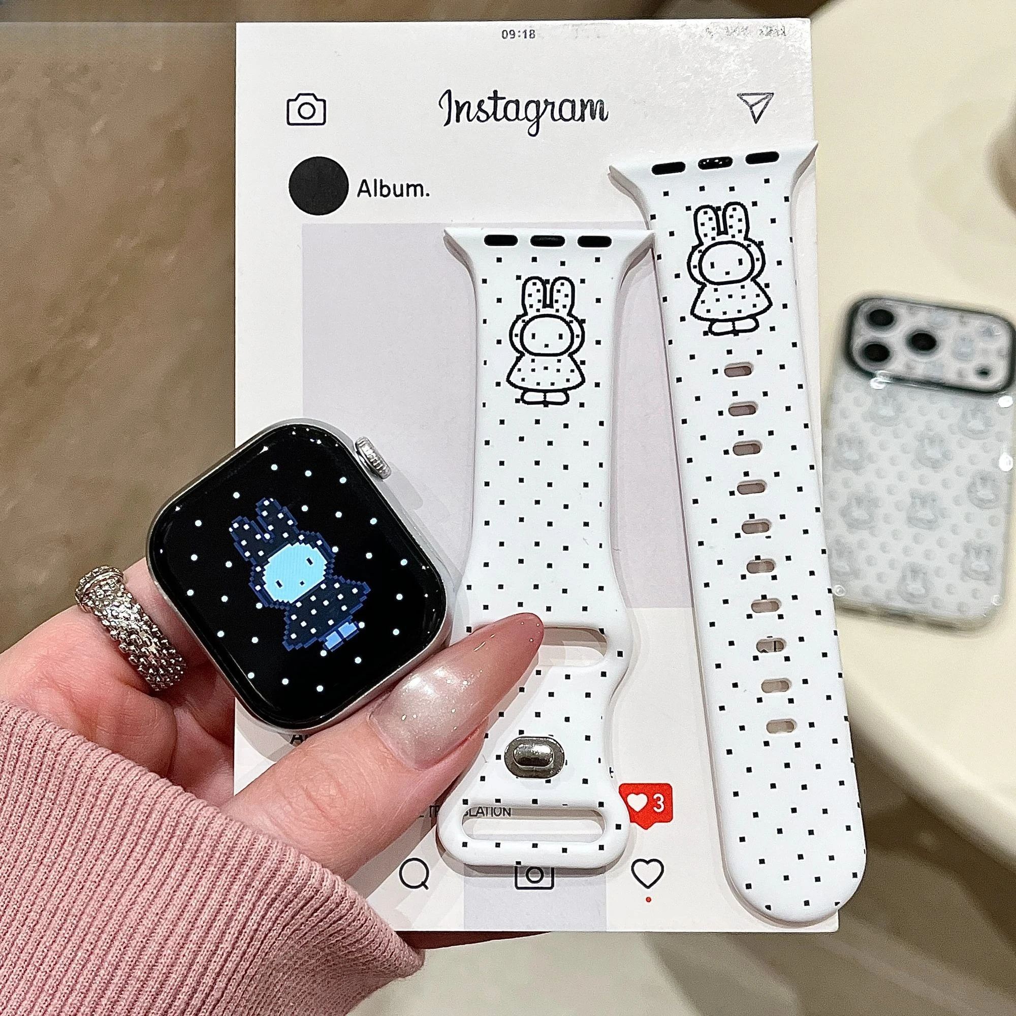 Kawaii Pixel Art Miffy White Silicone Wristband Fashion Watch Strap Fit IWatch S11 S10 S9 Skin-friendly Daily Watch Accessory view 2