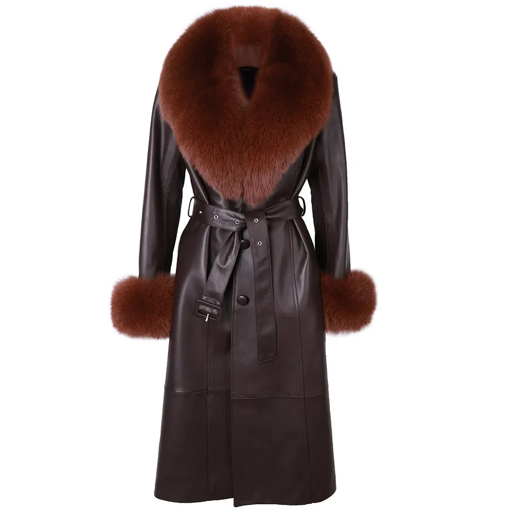 Autumn New Women Real Leather Trench Coat With Fox Fur Collar Elegant Ladies Leather Coat