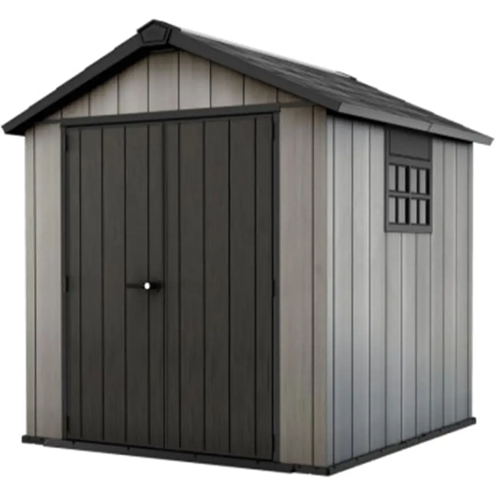 Cobertizo de almacenamiento para todas las estaciones de 7,9x7,5 pies con tragaluz, ventana, ventilación, paredes y puertas bloqueables para patio, cortacésped, herramientas, a