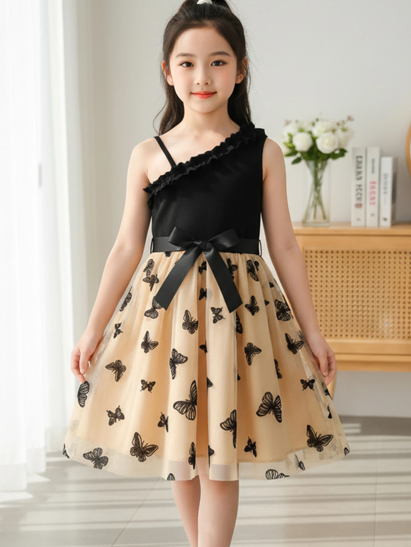 Summer Girls Dress Single Shoulder Asymmetrical Collar Ruffle Princess Dress Butterfly Print Tulle A-Line Dress +Ribbon Belt