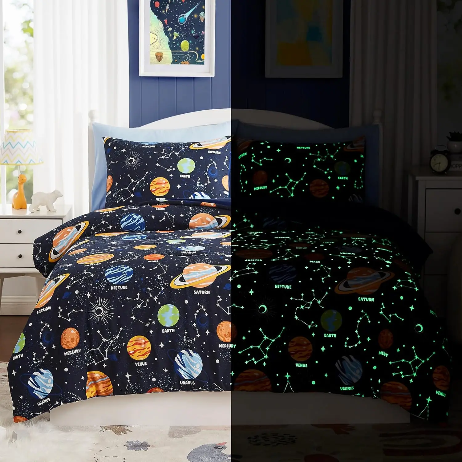 

Glow-in-the-Dark Space Twin Bedding Set for Boys - 5 Piece Comforter with Sheets