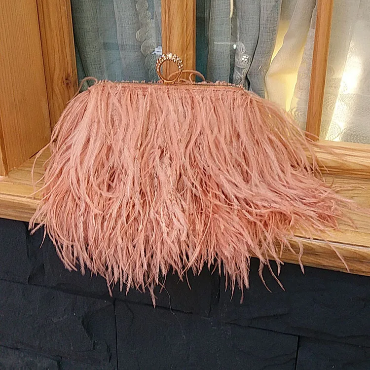 Retro Fashion Luxury Ostrich Hair Feather Women\'s Evening Bags Autumn Winter Fashion Shoulder Chain Bags Clutches Party Handbag