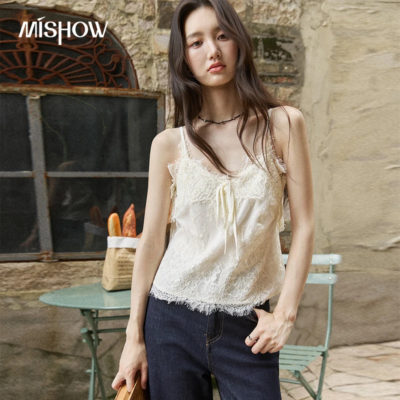 MISHOW French Lace Camisole Vest for Women 2026 Autumn Flower Embroidery Sweet Vest Slim Eyelash Lace Bow Tie Camis MXF24D2376