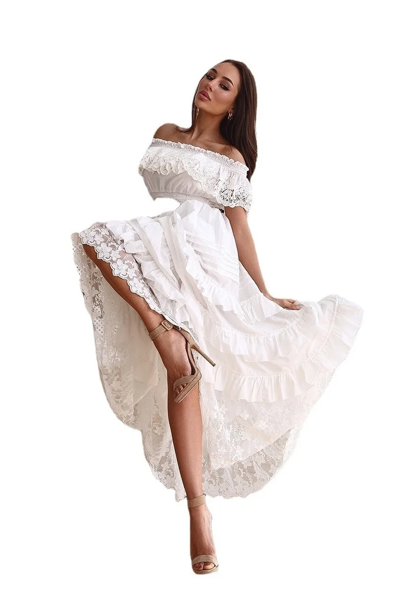 Maxi Dresses for Women Strapless Sexy Off Shoulder White Lace Short Sleeve Slash Neck Boho Beach Cake Dress 2022 Summer Fashion