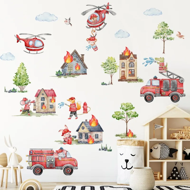 Cartoon Fire Truck Rescue Team Wall Sticker, Kids Background Wall Decor, Kindergarten Wall Decal for Room Decoration