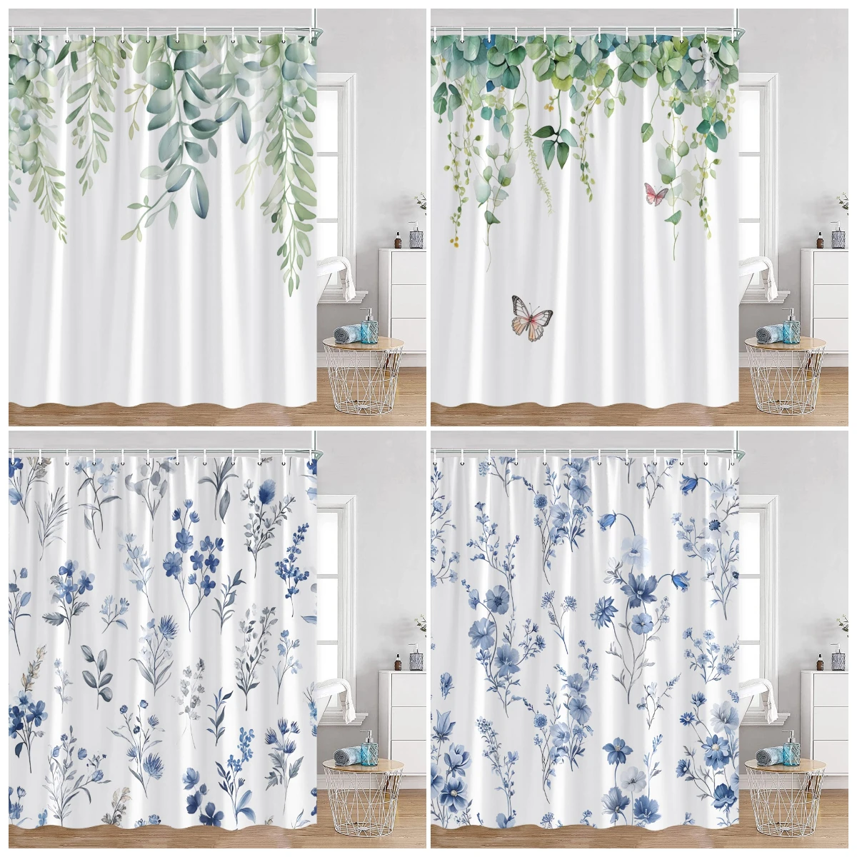 Green Eucalyptus Leaves Shower Curtain Butterfly Watercolour Plants Blue Floral Bath Curtains Modern Bathroom Decor with Hooks