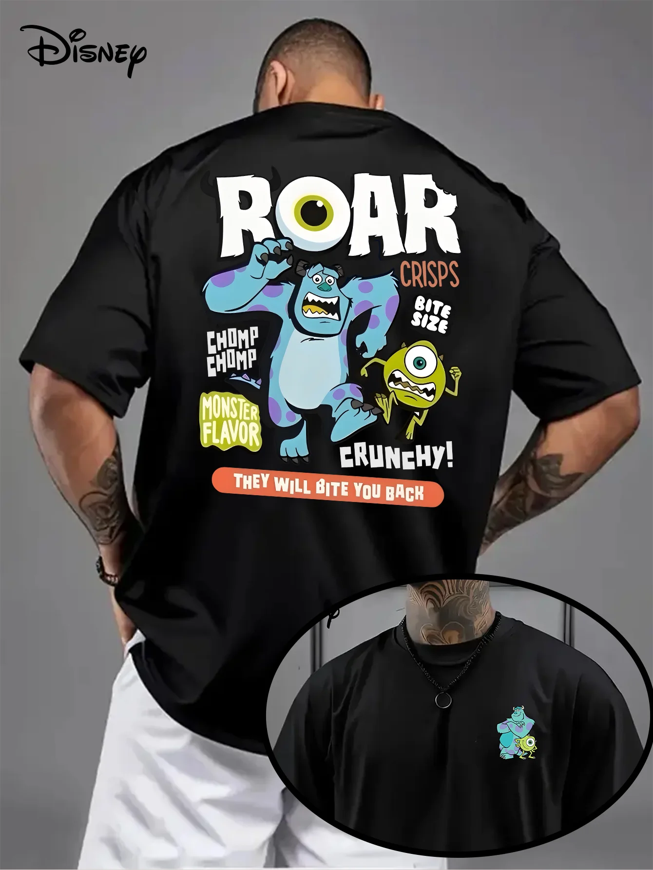 تي شيرت رجالي بنمط شركة Disney Monster Power للترفيه اليومي والأنشطة المخصصة للجنسين من القطن بأكمام قصيرة كبيرة الحجم #2