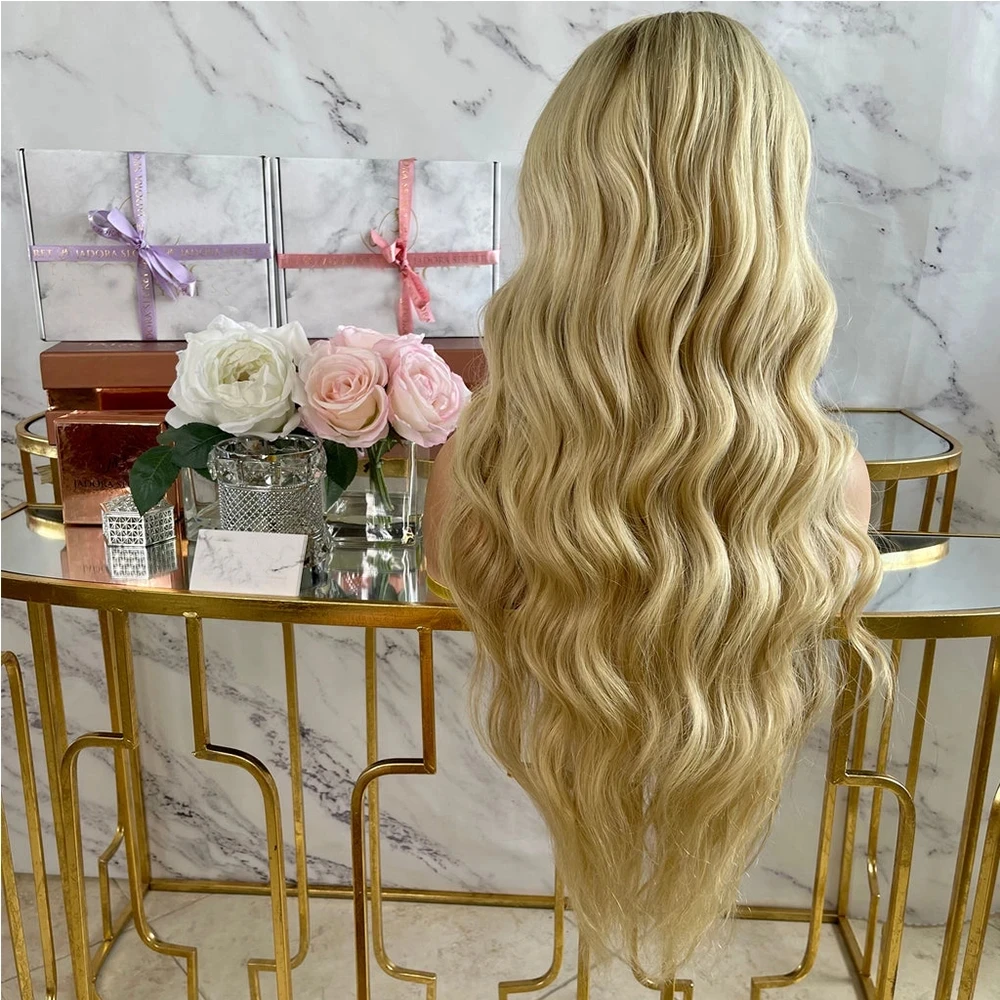 Invisible Transparent Lace Wigs Creamy Blonde with Light Brown Roots Synthetic Hair Gluless Lace Front Wig Wavy Fiber Daily Wear