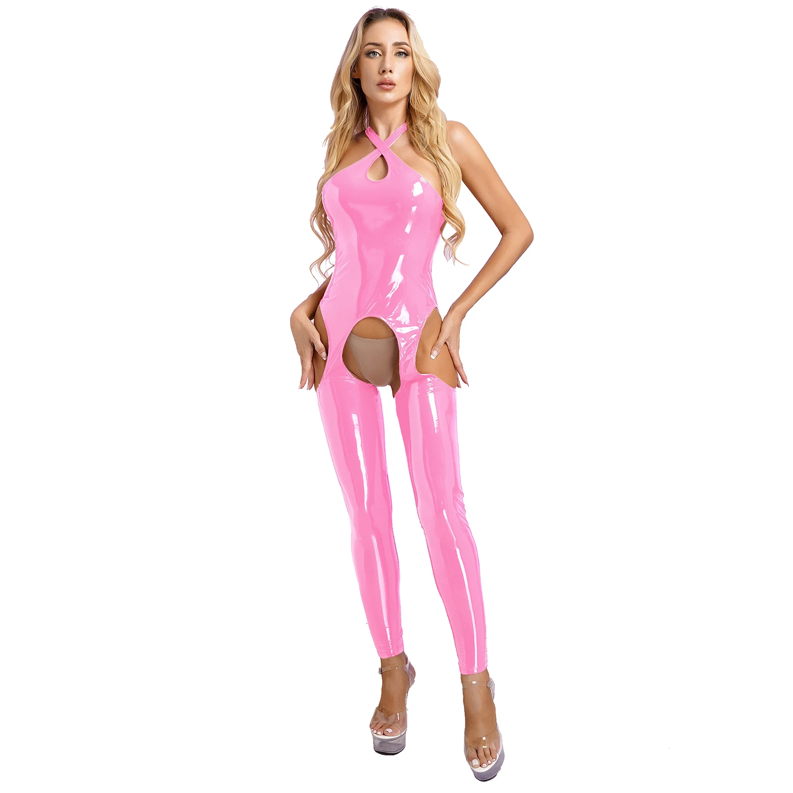 Womens Open Crotch Latex Catsuit Lingerie Glossy Patent Leather Crotchless Bodysuit Teddies Sleeveless Skinny Jumpsuit Clubwear