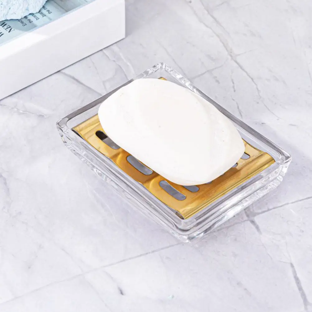 

Glass Soap Dish with Stainless Steel Frame Golden Rectangular Bar Soap Holder for Bathroom Kitchen Shower Drain Tray Storage