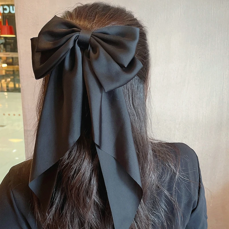 Elegant Large Bow Ribbon Hair Clip for Women Fashion Simple Solid Satin Spring Clip Ponytail Bow Hairpin Girls Hair Accessories