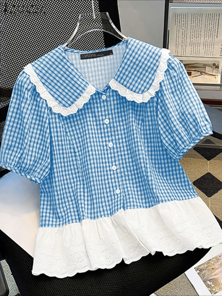 ZANZEA, blusa elegante de manga corta abombada, camisas de verano para mujer, camisa elegante con cuello de solapa, camisa de retazos para mujer, Tops de trabajo OL de gran tamaño
