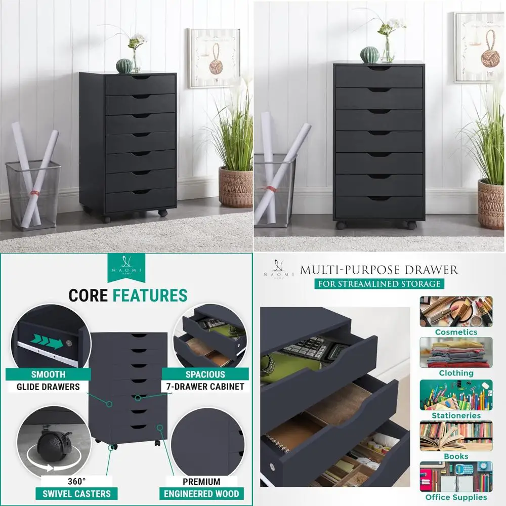 

Шкаф для хранения вещей для макияжа с 7 ящиками, черный, идеально подходит для эффективных решения для хранения