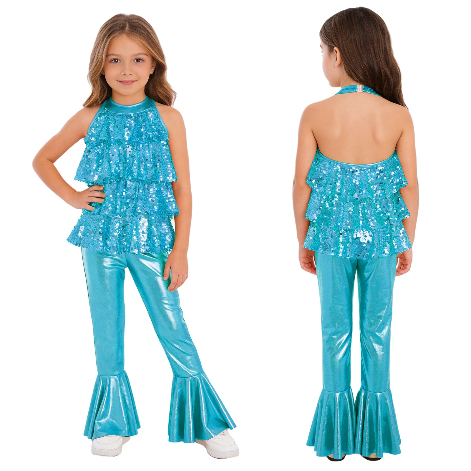 

Детский блестящий комбинезон для девочек с металлическим эффектом, без рукавов, с открытой спиной, с пайетками, расклешенный, для выступлений в стиле диско и джаз, сценический танцевальный костюм