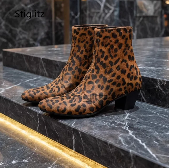 Leopard Print Chelsea Boots Men 6Cm High Heels Pointy Genuine Leather Side Zip Ankle Boots Autumn Winter Trendy Party Shoes