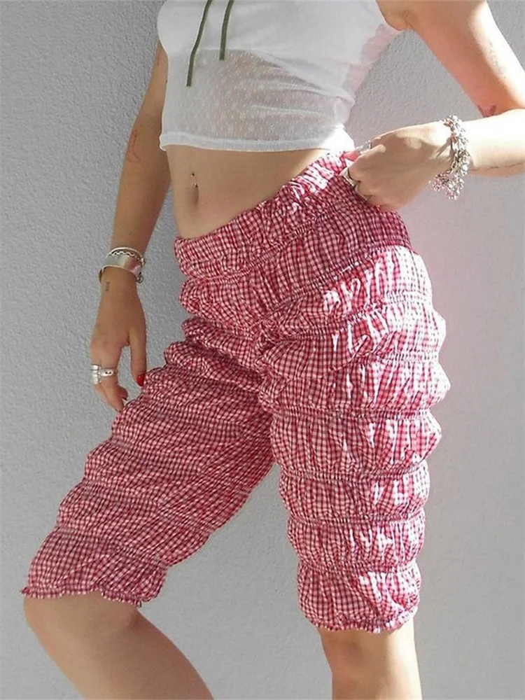 

CHRONSTYLE Women Ruched Short Pants Plaid Print/Solid Color Elastic Waist Summer Slim Fit Casual Stretch Pants 2024 Streetwear