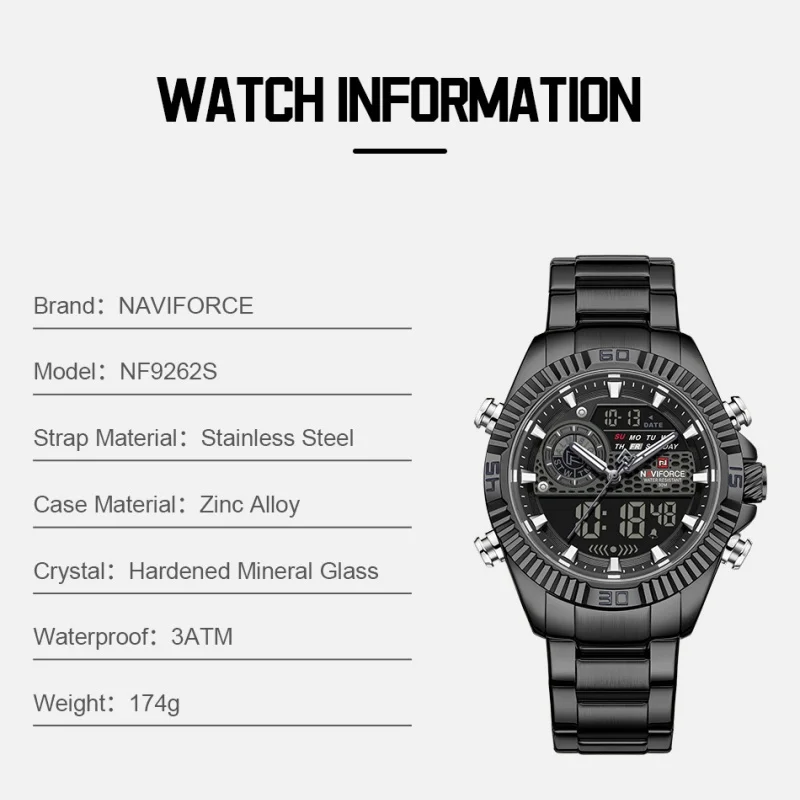 

Мужские многофункциональные часы NAVIFORCE с двойным дисплеем, кварцевые, классические деловые, из нержавеющей стали