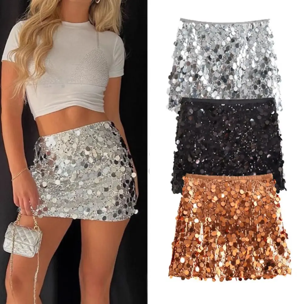 Chic High Waist Sequin Mini Skirt Solid Color Side Zipper Club Skirt A-Line Shining Sequin Lady Skirt Club Wear