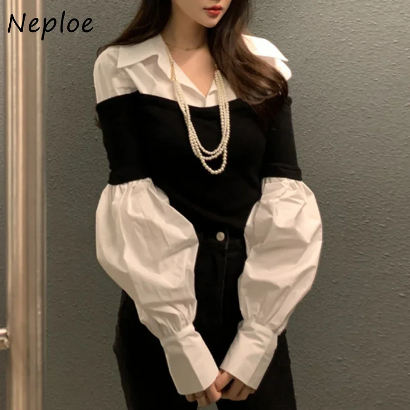 Neploe Turn Down Collar Fake Two Piece Blouses Long Sleeve Contrast Color Patchwork Shirts Vintage Blusas Mujer De Moda 2024