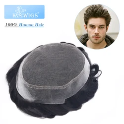 K.S WIGS Peluca de encaje suizo medio para hombres, tupé con Base de piel de hombre, tupé de cabello humano Natural Real, sistemas de reemplazo