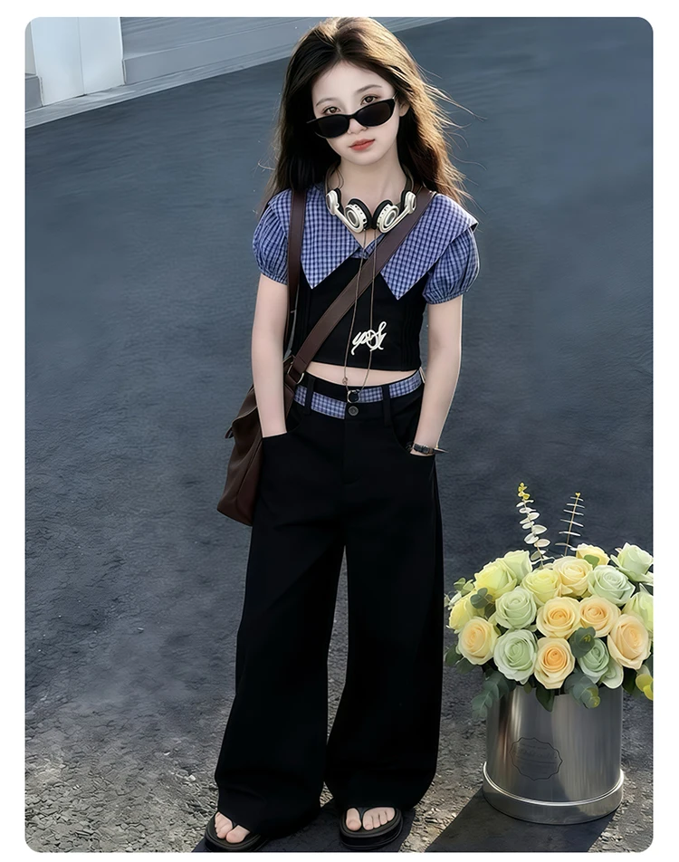 Neue Mode Kinder Streetwear Mädchen Rückenfreies Kleidungsset Crop-Top und Hose 2-teiliger Anzug Kinder Trend Street Trainingsanzug – Detail 5