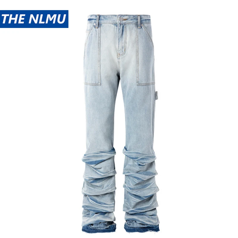 

Hi Street Vintage Jeans Men Women Blue Pleated Design Flared Denim Pants Jeans Trouser Hip Hop Streetwear