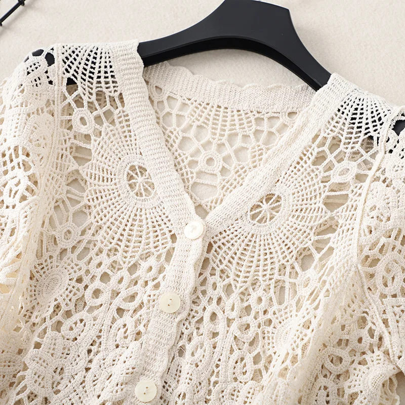 Sheer Crochet Top Short Sleeve Button Front V-Neck Open-knit Embroidery Blouse Women Summer Fairycore Cottagecore Outfit