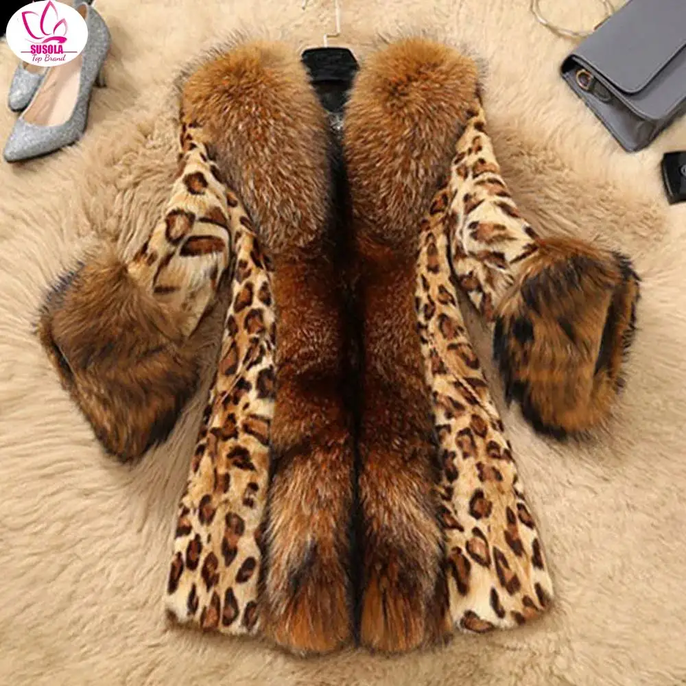 

SUSOLA Elegant Coat Winter Faux Fur Women Leopard Print Coat Raccoon Fur Warm Thicken Luxury Coats Woman Loose Outwear 4XL