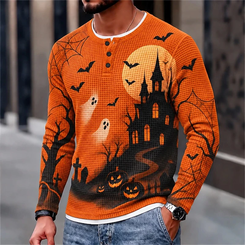Gothic Halloween Men's Waffle-Knit Henley Top With Pumpkin Ghost Castle And Bat Prints—Fall Long-Sleeve Casual T-Shirt