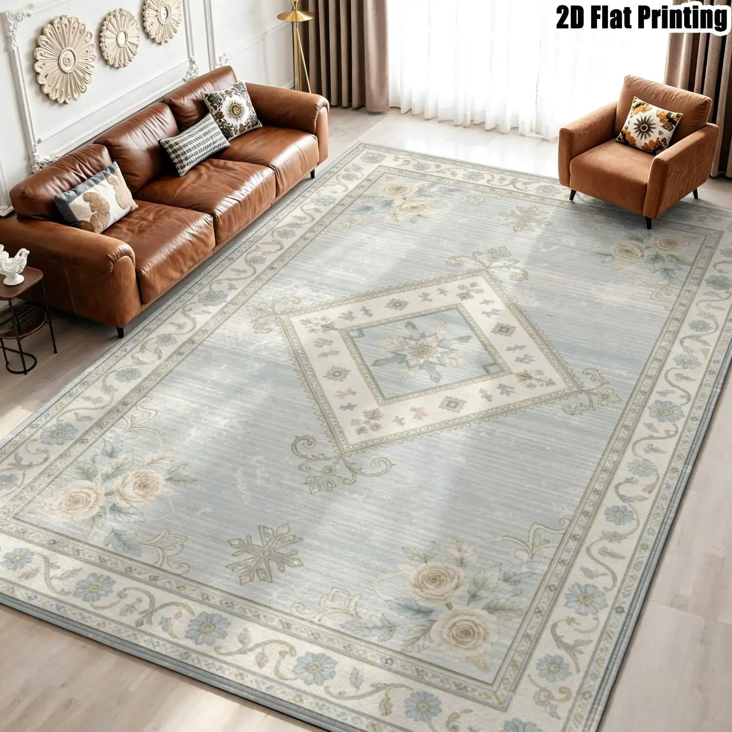 1Pc 2D Printed Carpet: Light Blue Floral, Vintage, Geometric & Fresh-Toned Machine Washable, Multi-Size, Ideal for Home Decor Such as Entryway, Dining Room, Foyer, Bedroom, Living Room.
