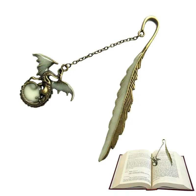 Luminous Metal Feather Bookmarks With Flying Dragon Pendant Vintage Book Marks For Teachers Gift Beautiful Book Accessories