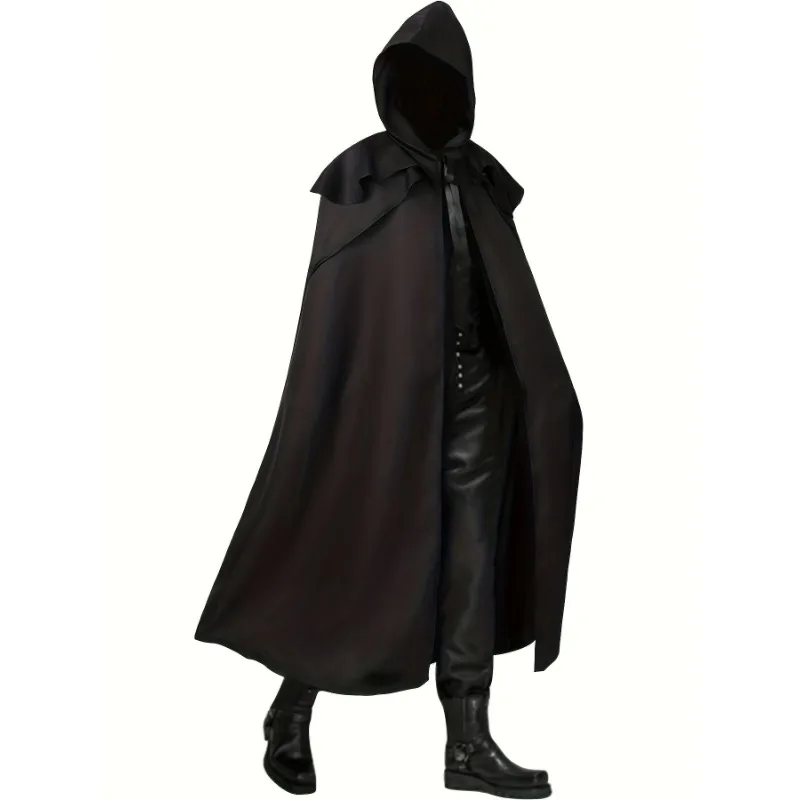 1PCS Medieval Hooded Cloak Robe  Burgundy Tie Design Breathable Polyester Long Cape Halloween Comic Con Cosplay Outerwear