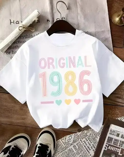 Women Original 1986 T Shirt Retro Pastel Heart 1986 Birthday Graphic Casual Short Sleeve Black Tee Tops
