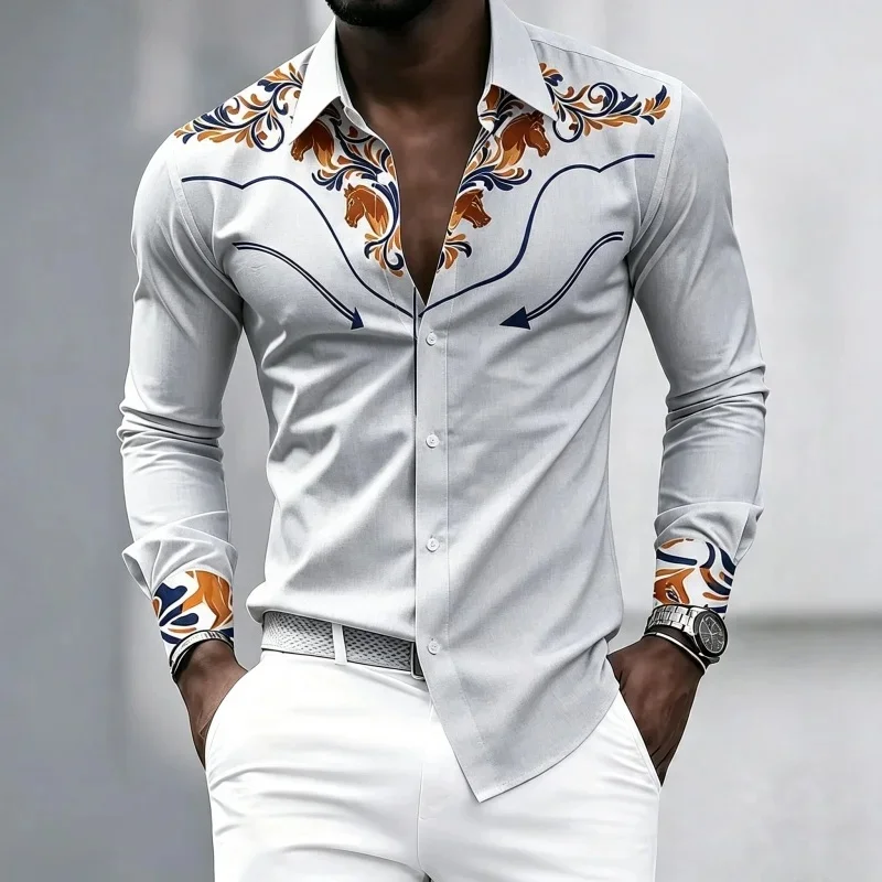 Men's collared long-sleeved shirt with American Western style, featuring a horse head pattern paired with an arrow print