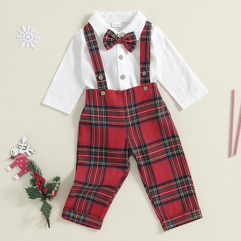 Baby Boy Gentleman Outfit Solid Long Sleeve Lapel Neck Romper with Plaid Suspender Pants and Bow Tie 3 Pcs Set