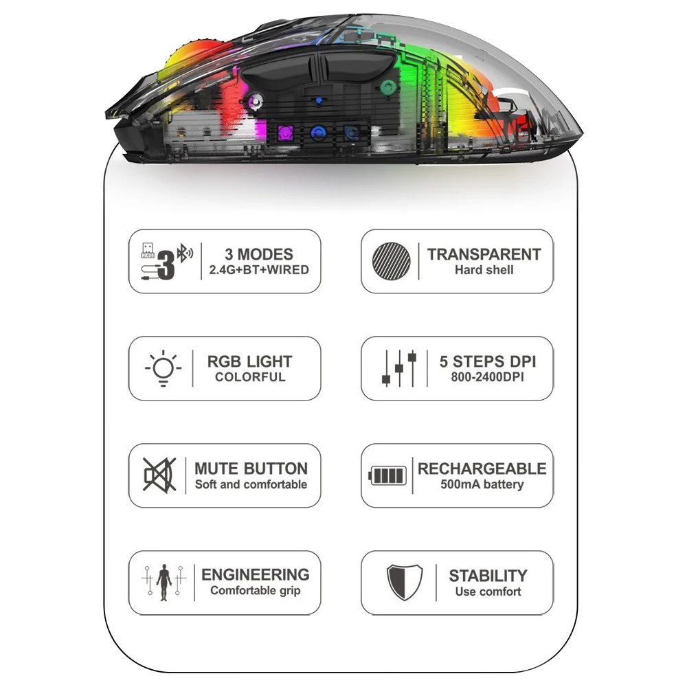 Mouse para jogos sem fio recarregável, RGB LED Backlit, Receptor USB, Fit para laptop, computador, 2.4G